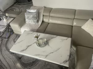 Modern White and Silver Coffee Table with Elegant Stone Top 