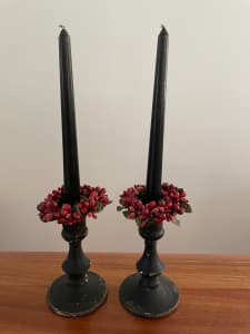 Black Distressed Candlestick/Candle Holders with Candles & Berry Rings