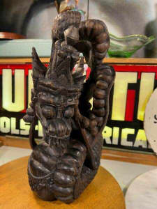Large Intricately Carved Asian Teak Sculpture of a Dragon 32cm High