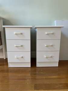Bedside tables, white melamine with drawers