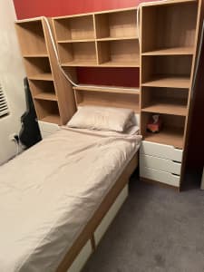 Single Bed with bookend and surround storage unit and mattress