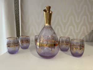 Handblown Venetian glass set gold inlay decanted with six glasses