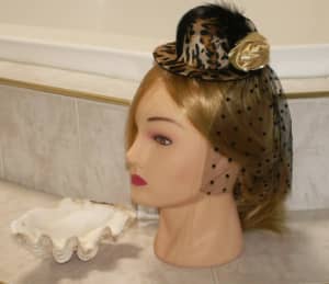 Cheetah Print Hat Fascinator with Beige Satin Rose Trim