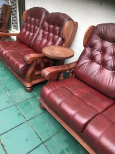 Leather and hard wood classic lounge suite 2x2seater1one seater