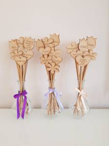 Mothers Day or Birthday wooden flowers, personalised with vase