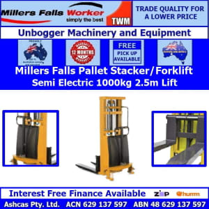Millers Falls 1000kg Forklift Pallet Stacker Semi Electric 2.5m Lift