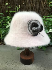 Chinchilla fur hat pin or brooch. 1950s. Grey black and white fur