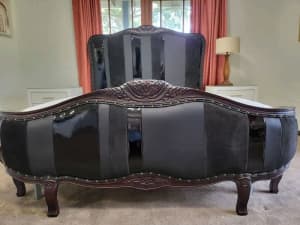 Black leather wooden French Queen bed as new