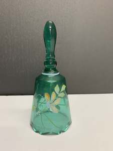 Vintage Fenton Hand Painted Green Glass Bell. 18cm high