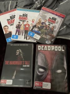 DVDs. Deadpool, The Big Bang theory S1,2n 3, The handmaids tale S3 