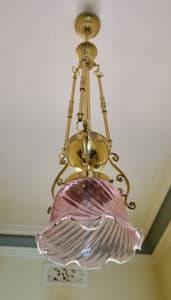 Cranberry, pink glass and brass ceiling pendant light