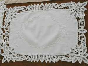 2 vintage white battenberg lace doilies/tray cloths 44cm x 32cm