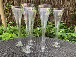 Vintage fluted glass silver rimmed champagne glasses. Six. Unbranded.