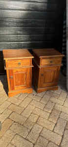 2 old solid timber bedside cabinets with cupboard and drawer