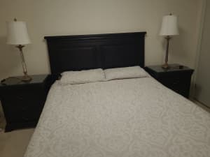 Queen bed bedhead and bedside tables. Black. Good condition. 