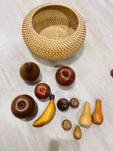 11 Tas timber fruit, most Huon pine, and rattan basket, $25 the lot