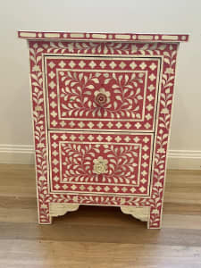 Pink Bone Inlay 2 Drawer, Bedside Table