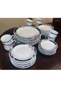 Fine Bone China Dinner Set Cups Plates Bowls Sauces White Black Floral