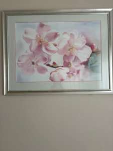 Large Pink Floral Painting in silver frame