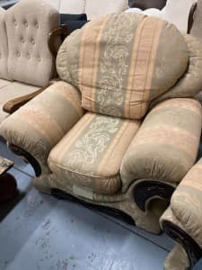 Set of 2 Beige and soft green toned armchairs 