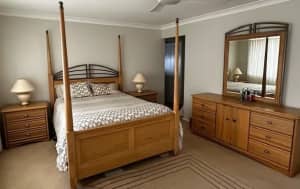 PRICE SLASHED. Queen size 4 poster bed, 2 side tables, dresser, mirror