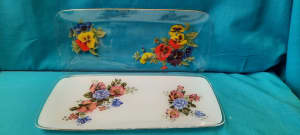 Vintage Flowers Print Glass Oblong Sandwich Plates x 2