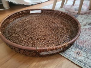 LARGE ROUND WOVEN RATTAN TRAY WITH HANDLES