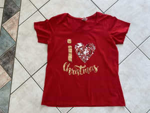 Size 16 Shirt Ladies I Love Christmas T Shirt Top Tee Red Gold w Doves