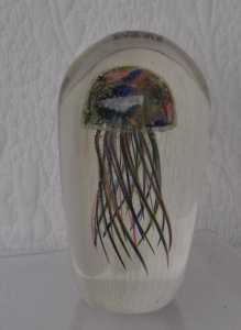 Hand blown glass jelly fish paper weight, ex. cond.