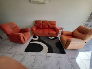 3 seater Red coloured Sofa & 2 Recliner chairs (used)