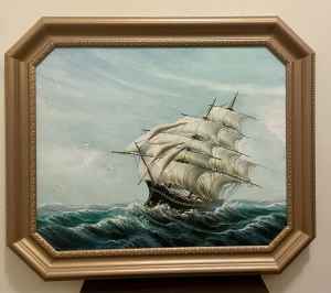 Tall Ship in Open Sea Ocean Oil Painting signed 70cm x 82cm