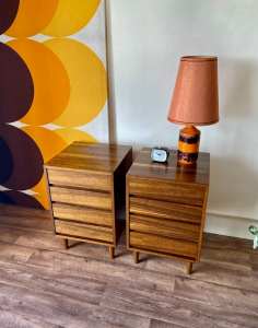 Pair of Mid Century 4 Drawer Bedside Side Tables