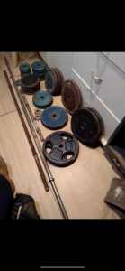 Weights, Bars and Bench! 38 weights, 2bars, 4 dumbbells and bench 