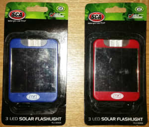 2x solar 3 led torches,$15 both, flat pocket sized, new in packs