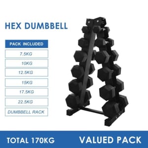 7.5kg to 22.5kg Hex Dumbbell & Storage Rack Bundle (6 pairs - 170kg)