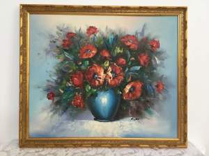 Framed Oil Painting Original Vase of Flowers 66.5cm W x 57cm H