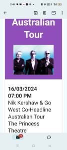 Nik Kershaw & Go West - Brisbane Concert - 2 tickets - Sat 16 March
