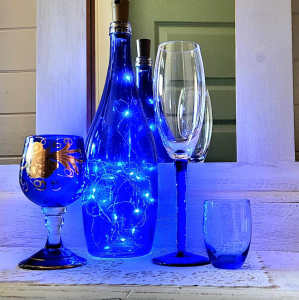 Blue Bottle with Light & 3 Glasses 