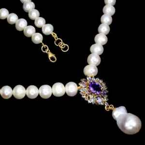NEW NECKLACE freshwater pearls amethyst tanzanite stones 14K goldplate