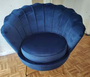 Solid Blue Velvet Armchair with Scallop Design Back