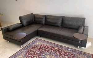 King furniture sofa brown leather with 2 wooden side tables 