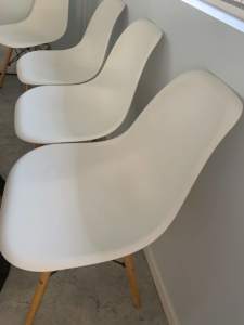 8 x white chairs, wood legs, 46cm wide x 40 deep, excellent condition
