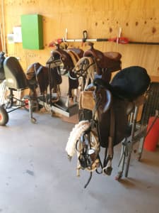 4 Horse saddles, farrier gear, grooming gear and accessories.