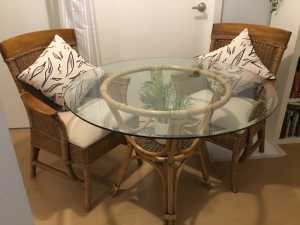 CANE SUITE 2 CHAIRS AND GLASS TOP TABLE