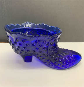 Blue Hobnail Glass Boot. 16cm L x 9cm H. Perfect condition