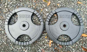 Gym weights pair of 20kg tri grip standard iron plates