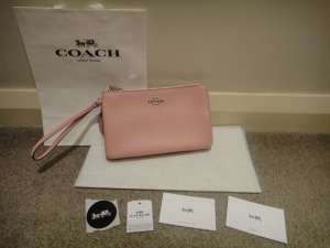 BNWT Coach X-Large Pink Pebble ALL leather double zip wristlet $120