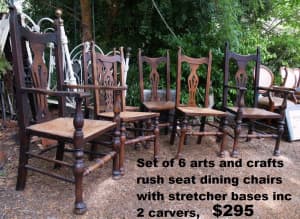 Set of 6 oak Arts and Crafts dining chairs , other chairs, antiques.