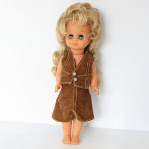 Vintage 70s Doll Blonde Hair Sleepy Eyes 12'' Brown Suede Dress