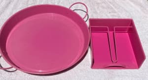 Bright pink enamel serving tray 36cm diameter, and serviette holder. L